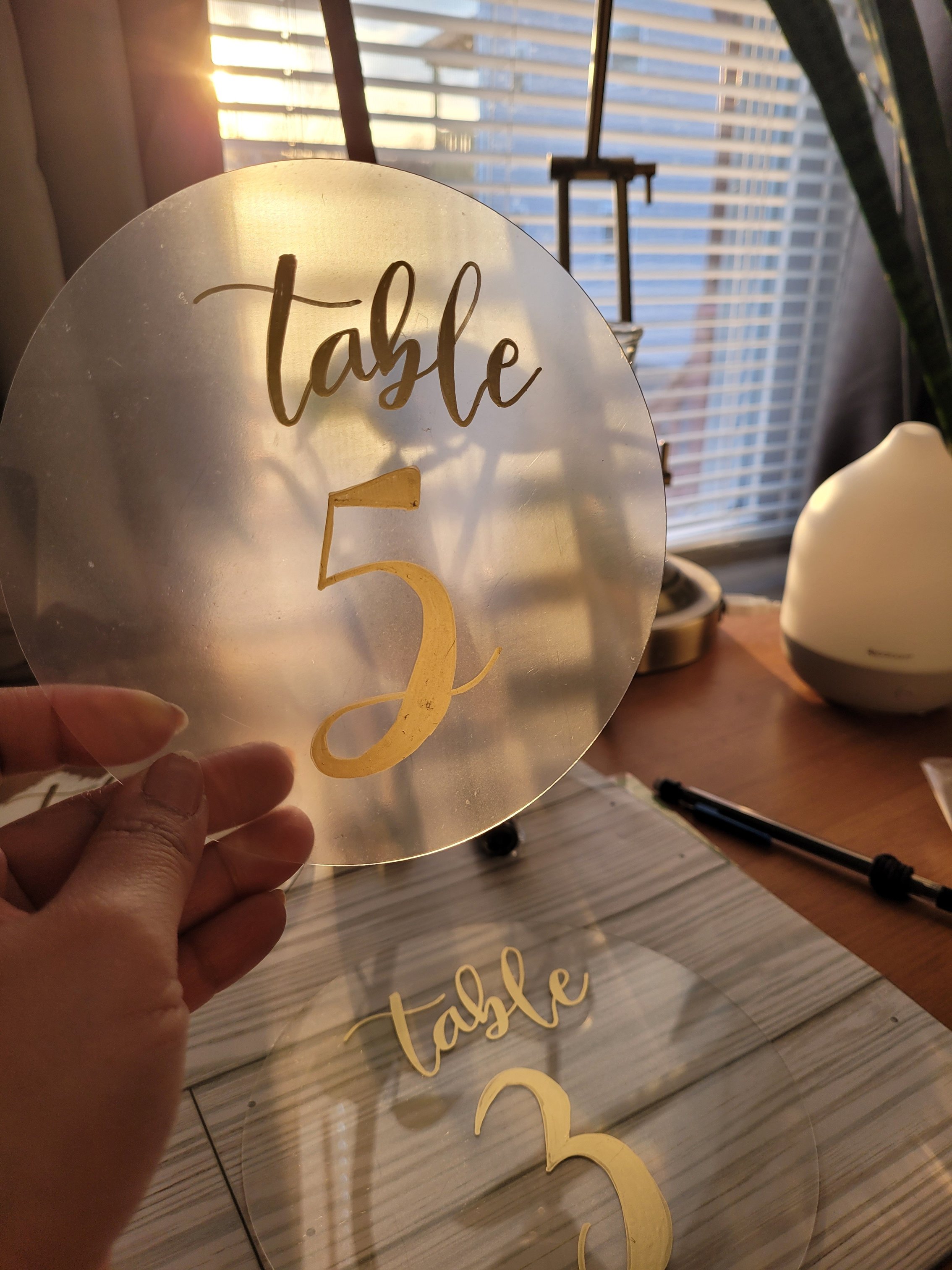 Custom Round Acrylic Table Numbers with Gold Calligraphy Lettering by Little Lulu's Designs for New Jersey Anniversary Party