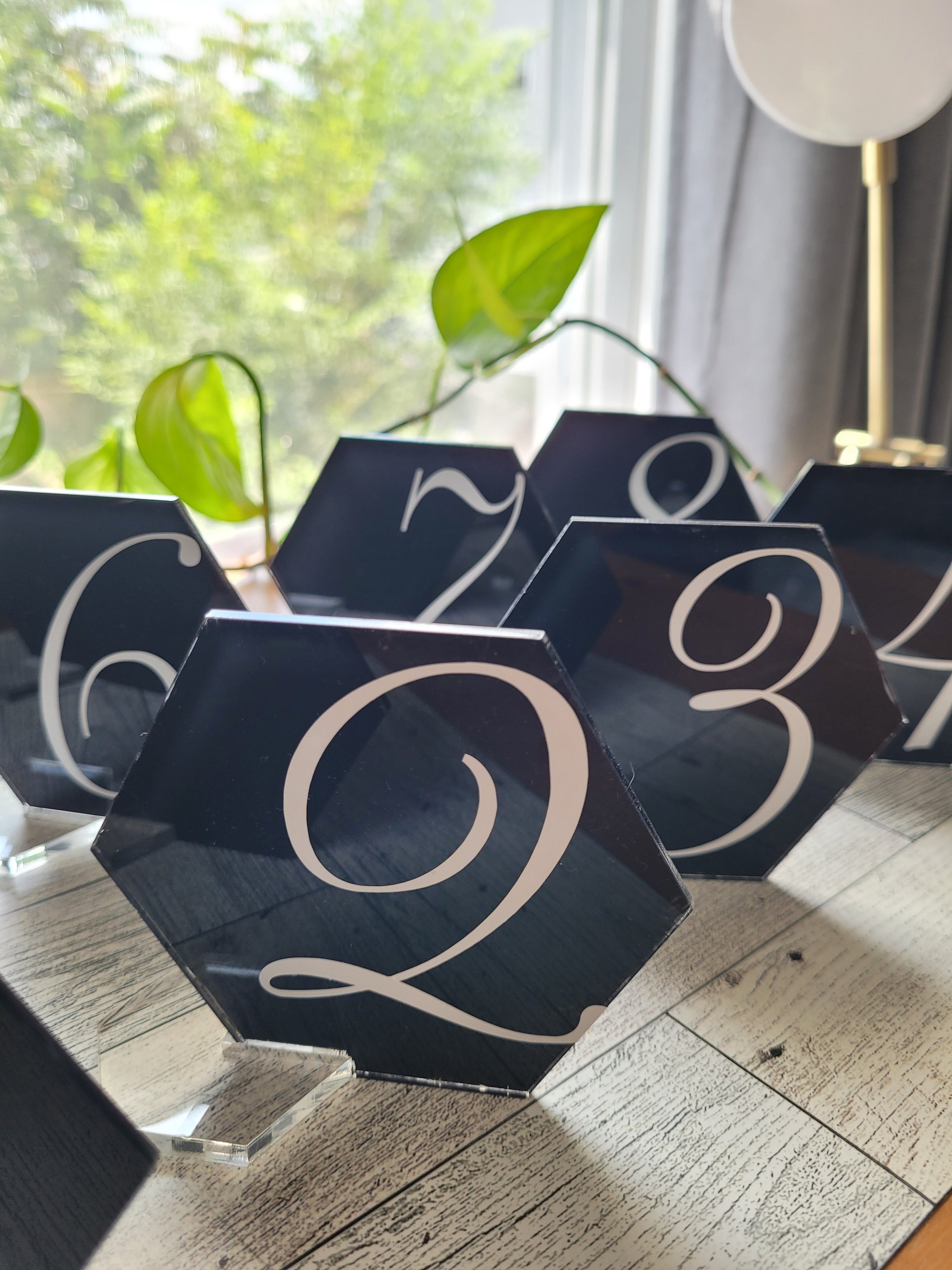 Custom Acrylic Table Number Signage with Calligraphy for Couples Anniversary Party in Weehawken, New Jersey