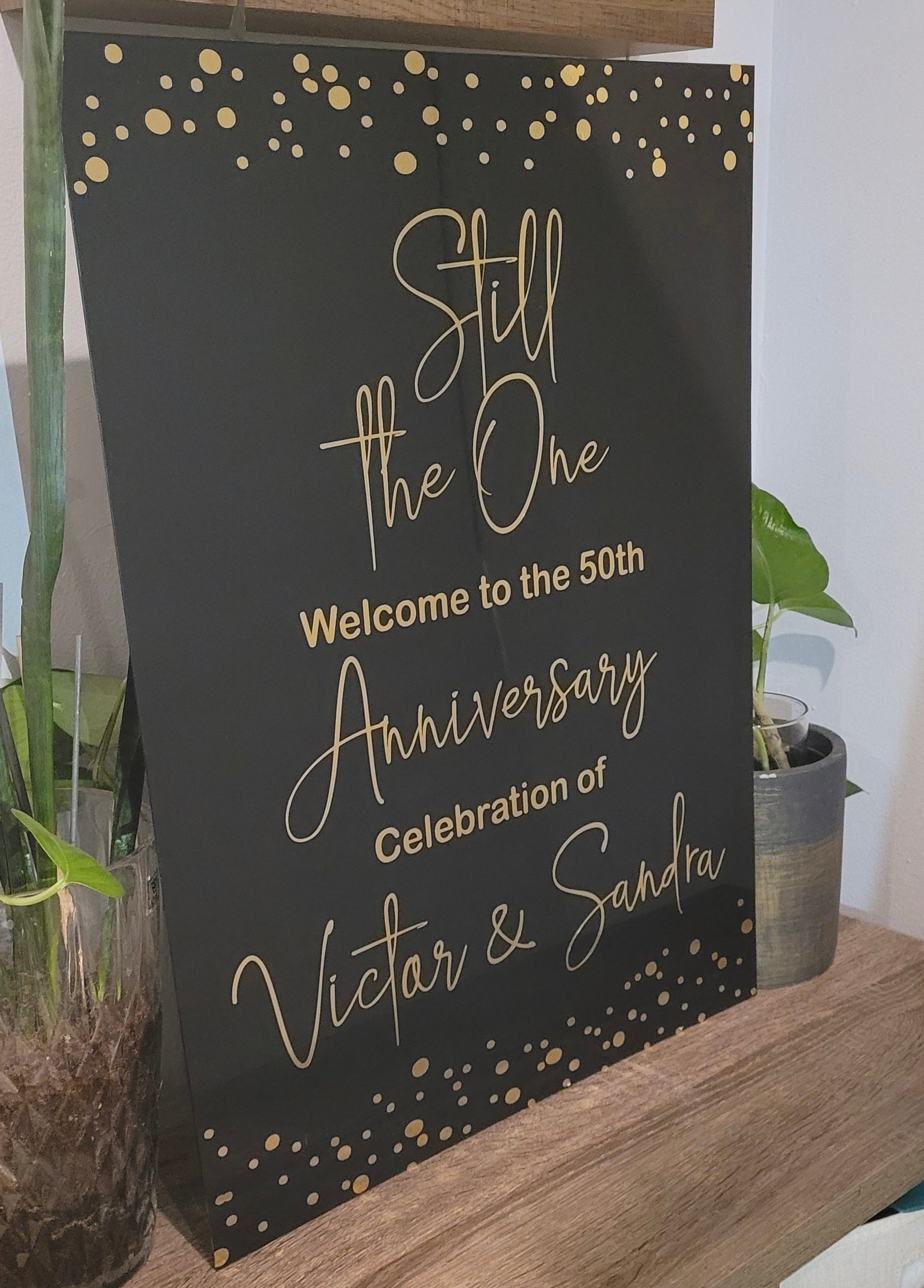 Custom Black Acrylic Signage with Vinyl Gold Lettering for New Jersey Couple's 50th Anniversary Party Celebration