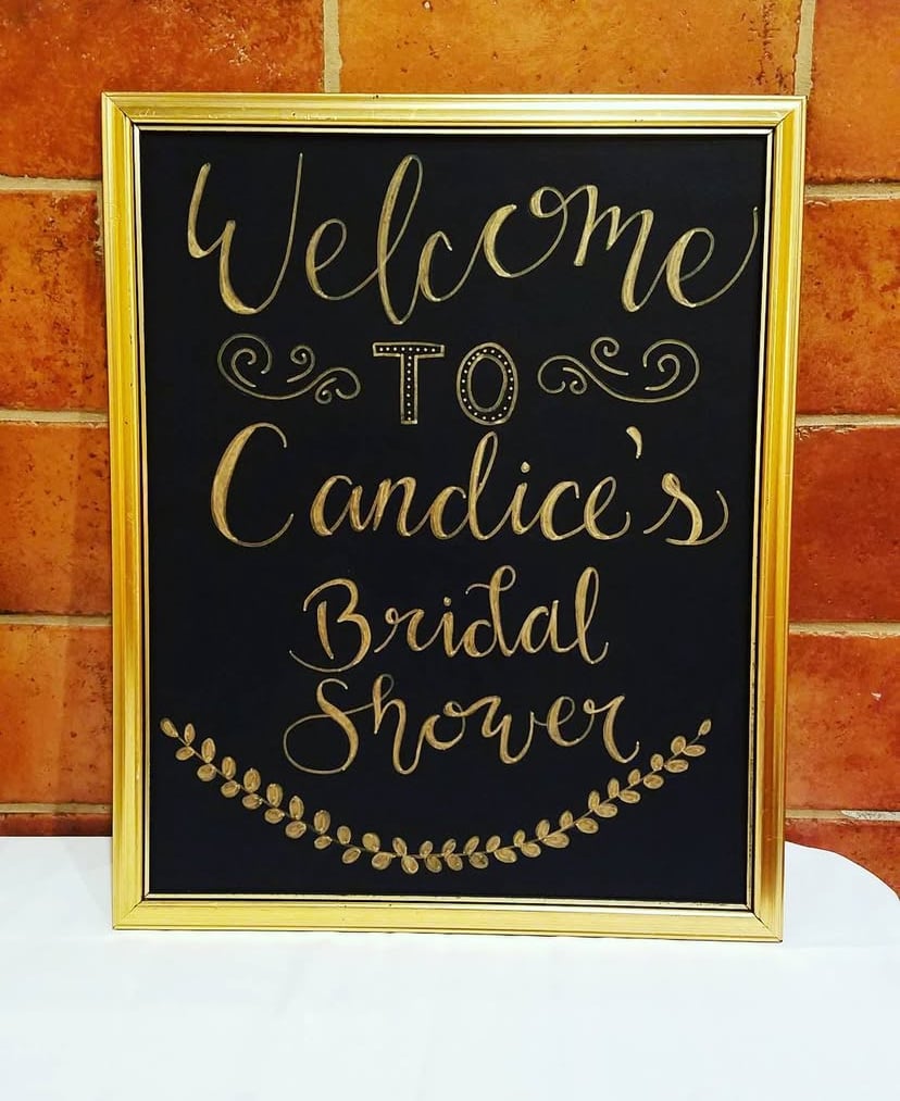 Custom Gold Framed Chalkboard Signage and Calligraphy for New Jersey Bride's Bridal Shower