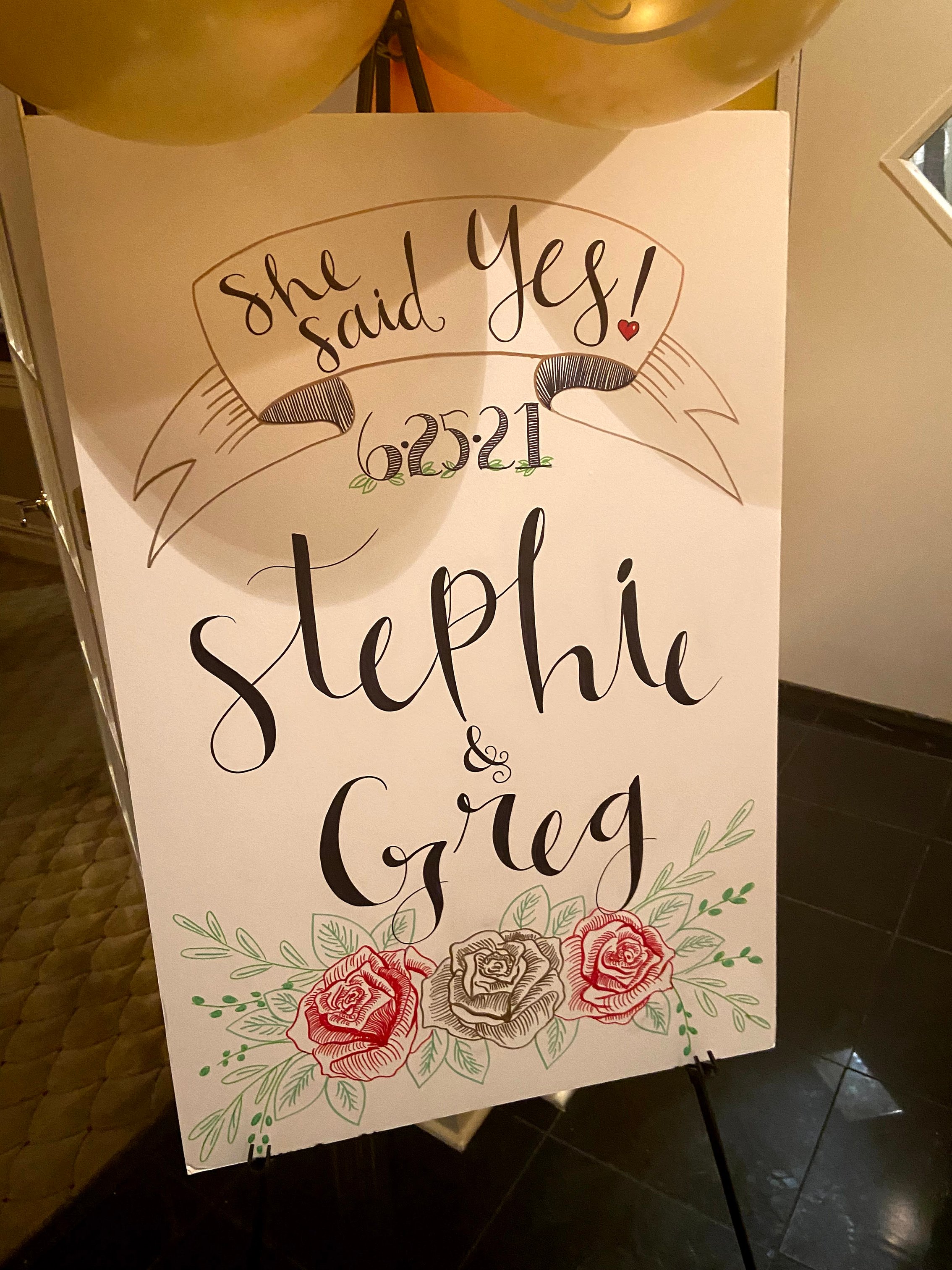 Floral Signage by Little Lulu's Designs for Surprise Engagement Party in Woodbridge Township, New Jersey